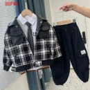 3-12Y New High Quality Teens Boys Casual Coat Korean Woolen and PU Patchwork Jackets Baby Girls Tops kid Single Breasted Blazer