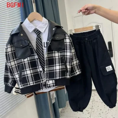 3-12Y New High Quality Teens Boys Casual Coat Korean Woolen and PU Patchwork Jackets Baby Girls Tops kid Single Breasted Blazer