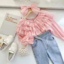 Retail 2024 Baby Girls Fall Fashion Princess Teenage Pink Blouse New Kids Sweet Lace Long Sleeve Top 6-12T