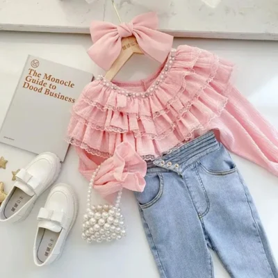 Retail 2024 Baby Girls Fall Fashion Princess Teenage Pink Blouse New Kids Sweet Lace Long Sleeve Top 6-12T